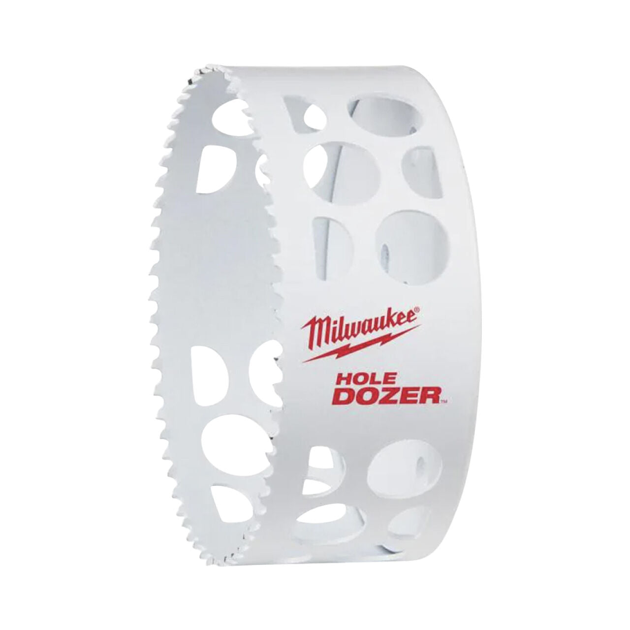 A white 4-1/8 in. Go Build Hole Dozer Bi-Metal Hole Saw with sharp teeth and circular cutouts, featuring Go Build, The Fastest Way To Build branding and HOLE DOZER text on the side.